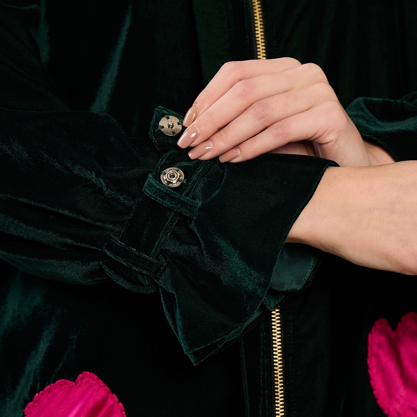 Bottle Green and Pink Tulip Floral Hand Embroidered Velvet Jacket
