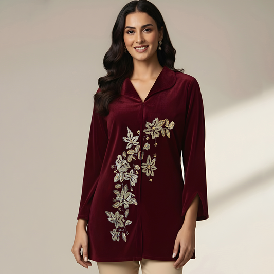 Maroon Front Floral Hand Embroidered Velvet Jacket