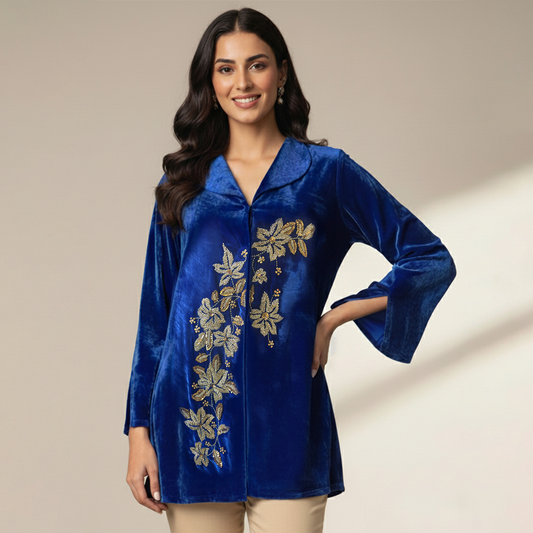 Royal Blue Front Floral Hand Embroidered Jacket