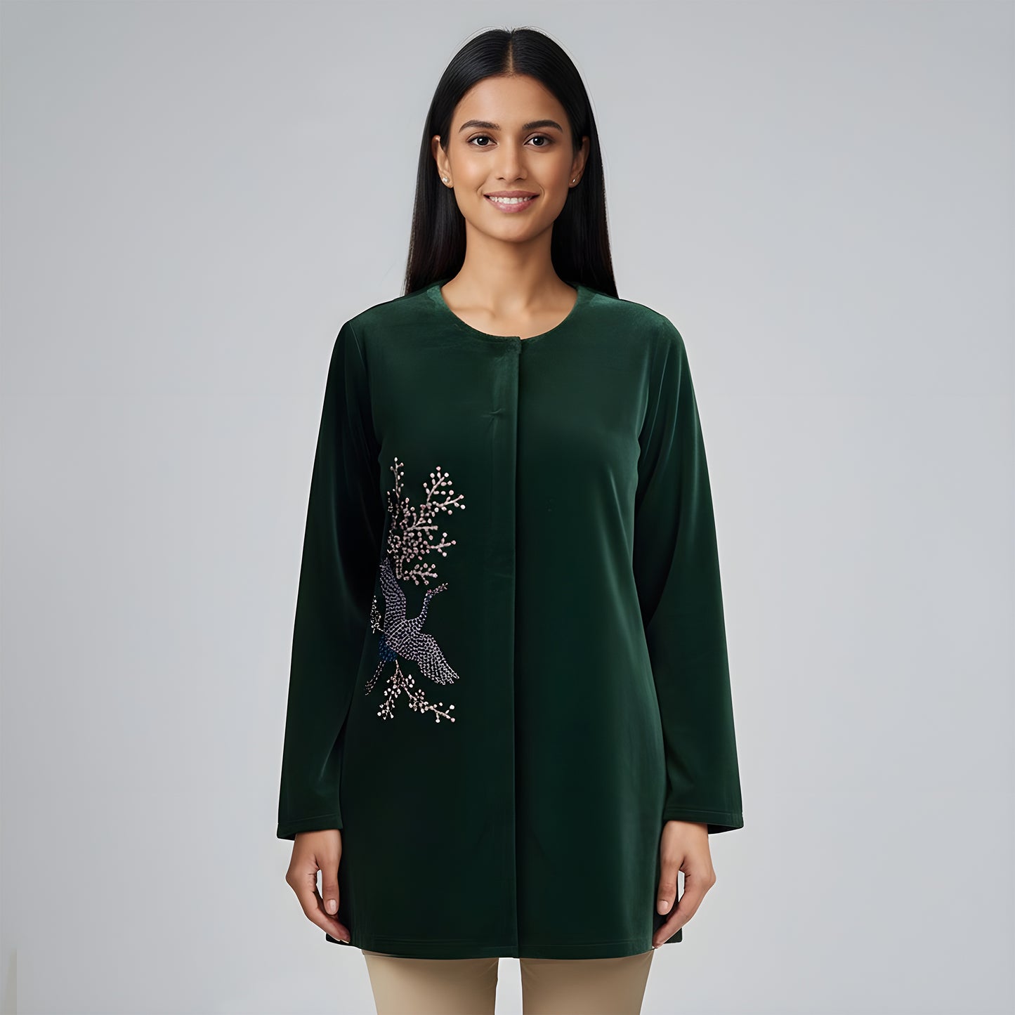 Bottle Green Swan Motif Hand Embellished Velvet Jacket