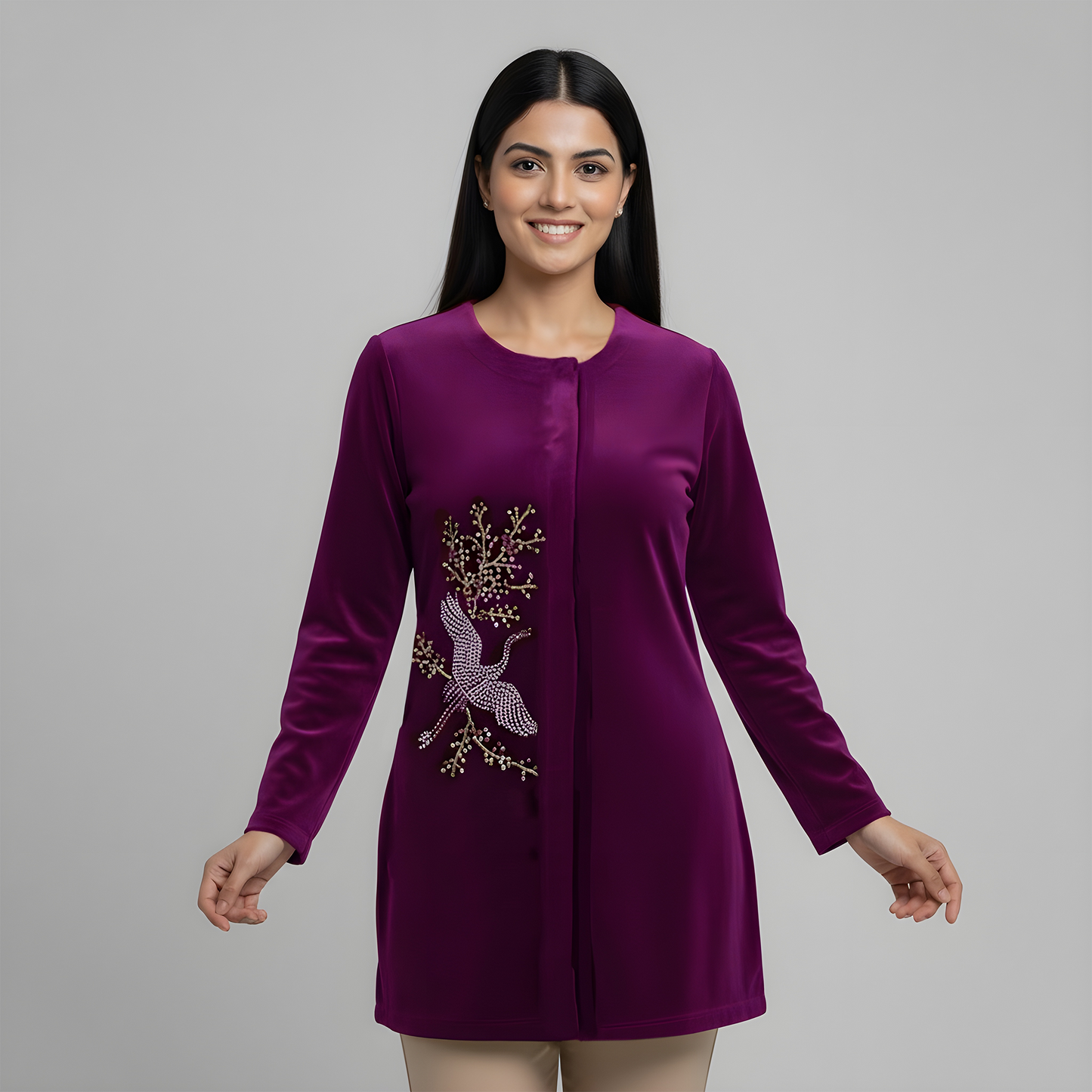 Magenta Swan Motif Hand Embellished Velvet Jacket