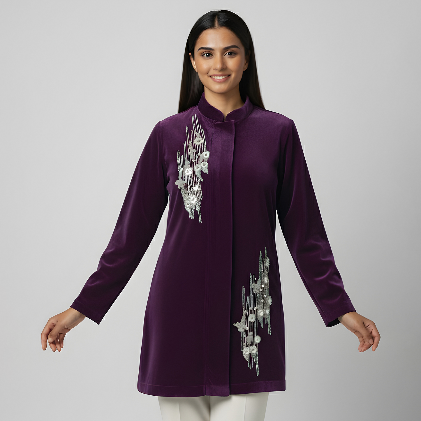 Purple Abstract Motif Hand Embroidered Velvet Jacket