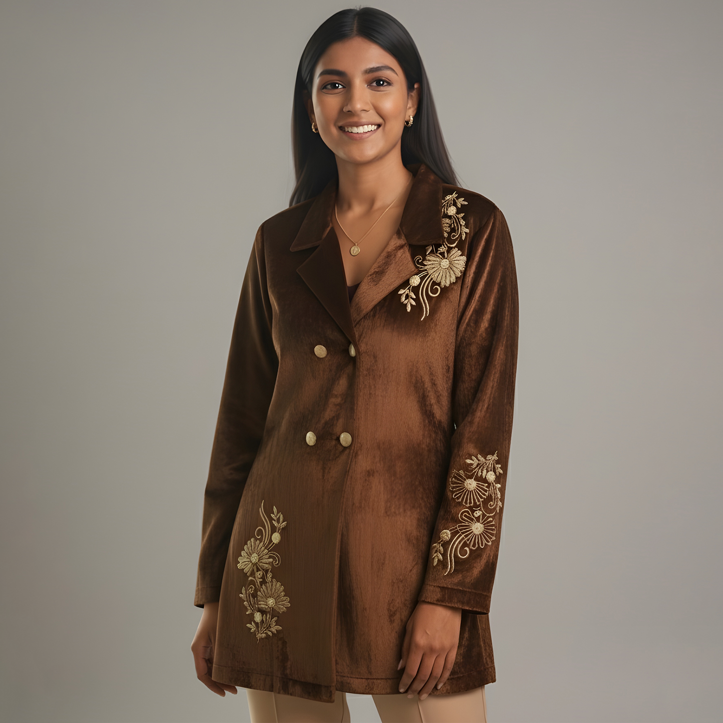 Brown Double Breasted Floral Embroidery Jacket
