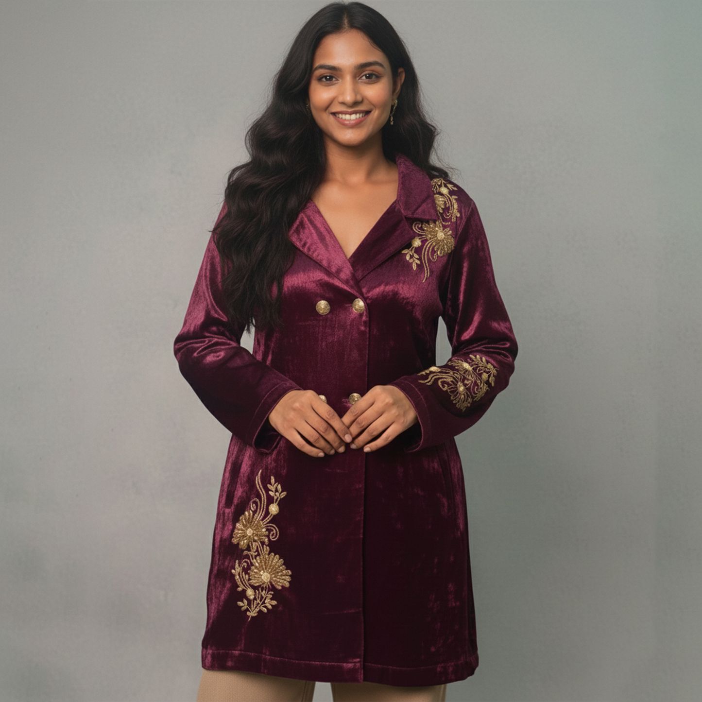Maroon Double Breasted Floral Embroidery Jacket