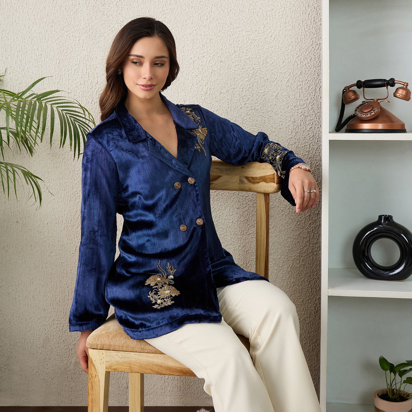 Prussian Blue Double Breasted Floral Embroidery Jacket