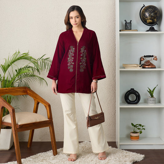 Maroon Jacket with Front Embellishments Velvet Top