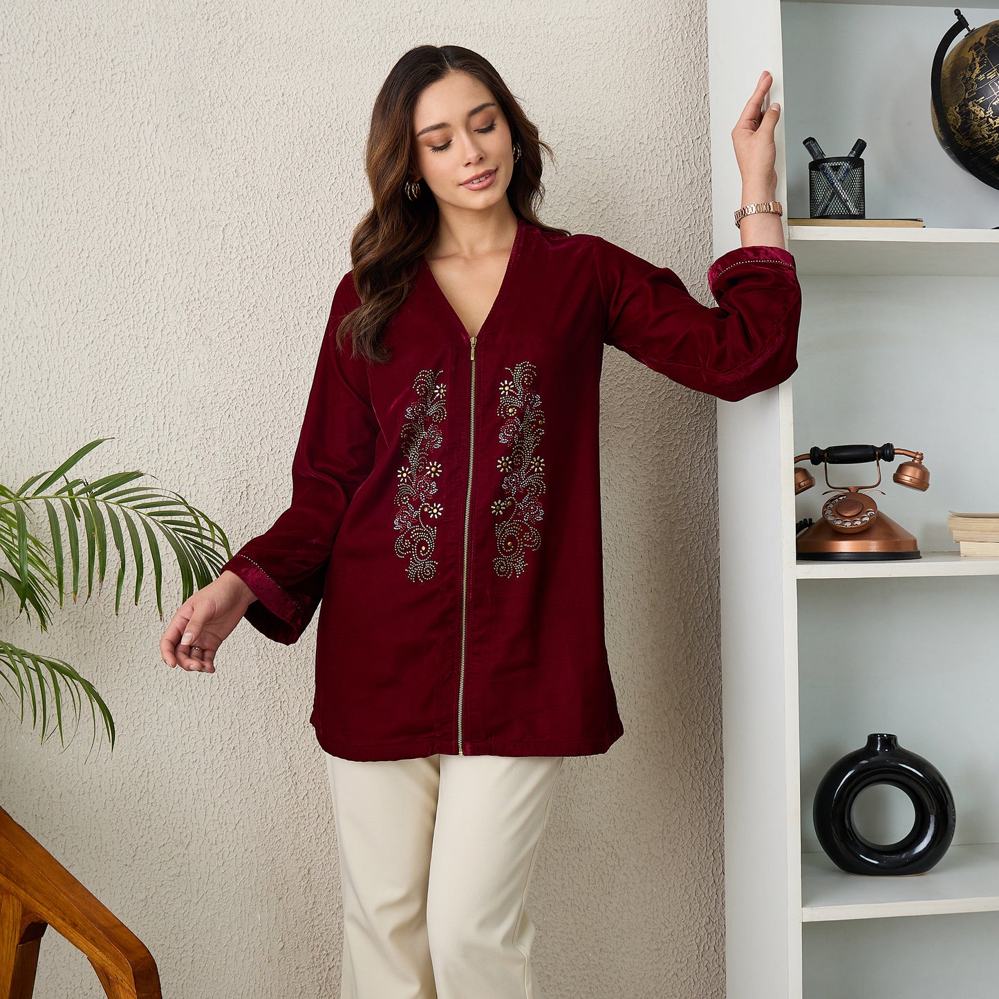 Maroon Jacket with Front Embellishments Velvet Top