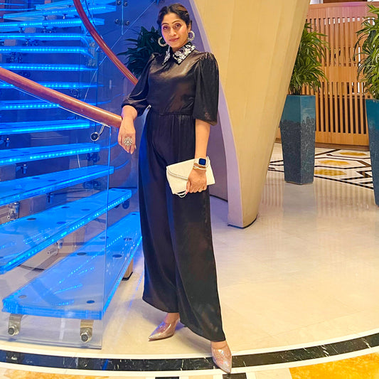 Black Textured Jumpsuit with Velvet Belt