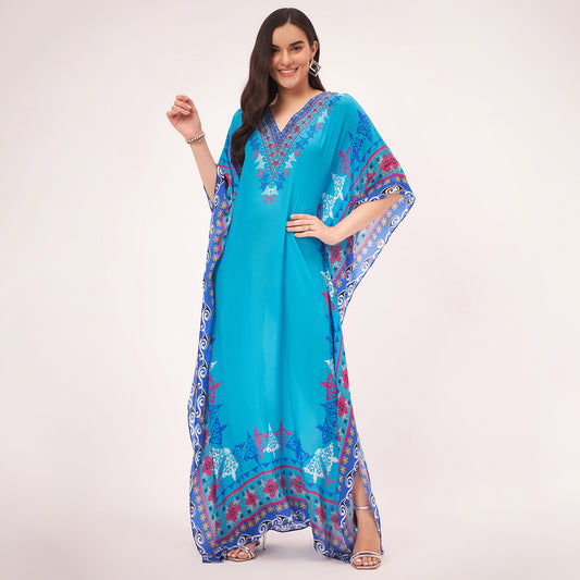 Blue Mexican Print Embellished Full Length Kaftan