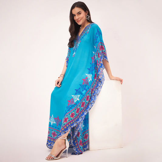 Blue Mexican Print Embellished Full Length Kaftan