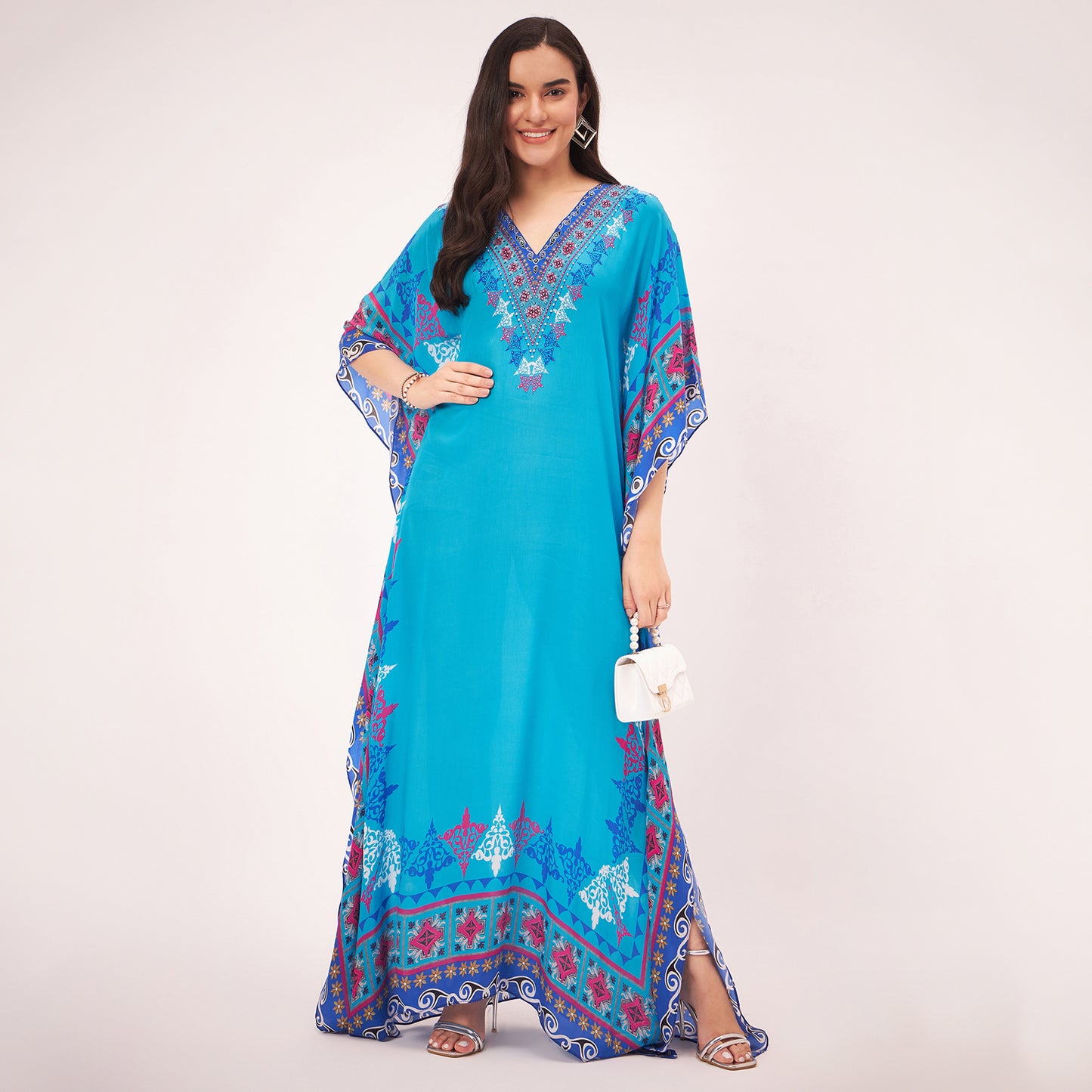 Blue Mexican Print Embellished Full Length Kaftan