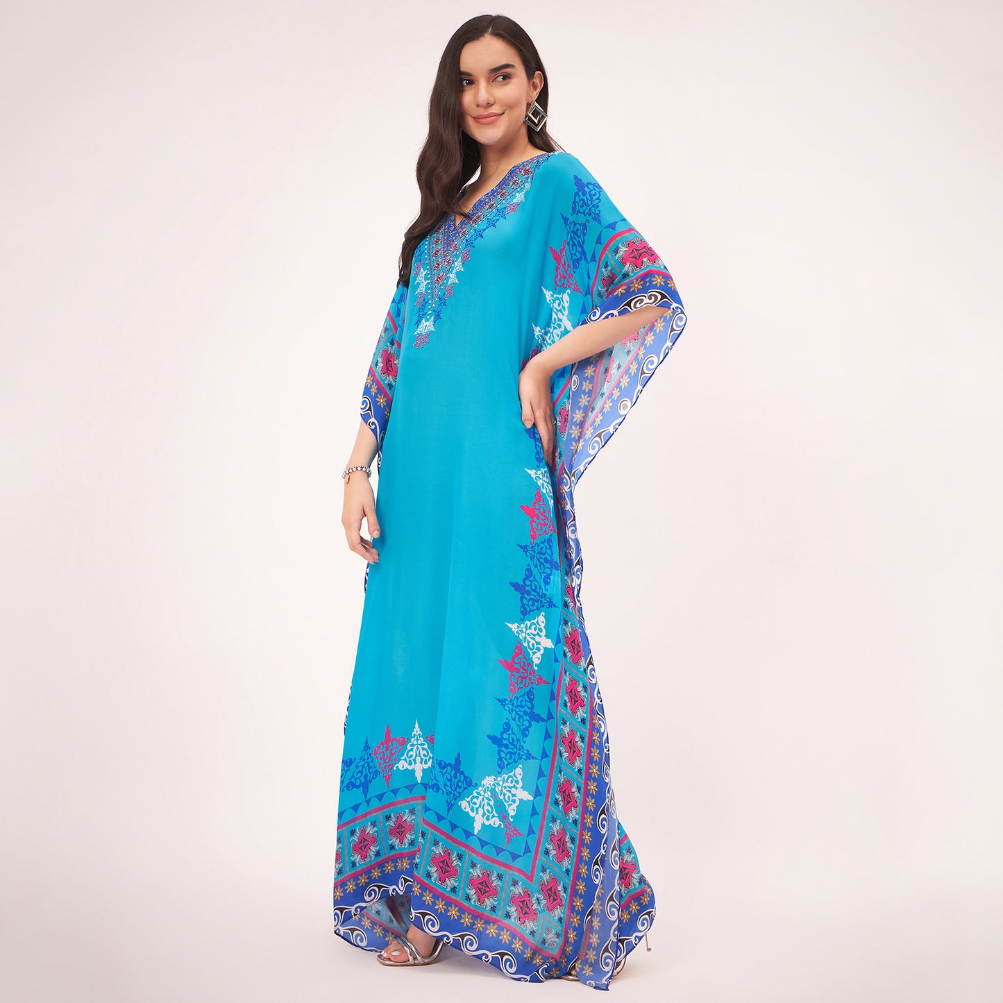 Blue Mexican Print Embellished Full Length Kaftan