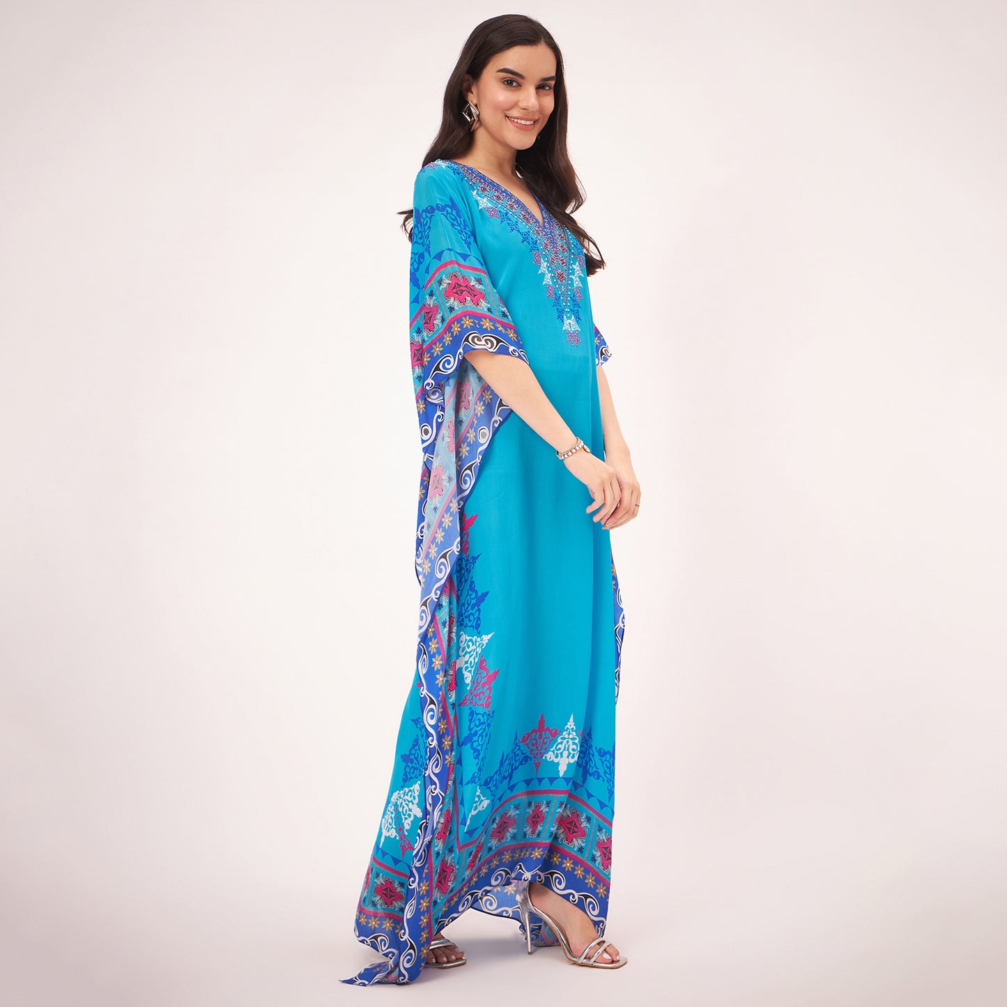 Blue Mexican Print Embellished Full Length Kaftan