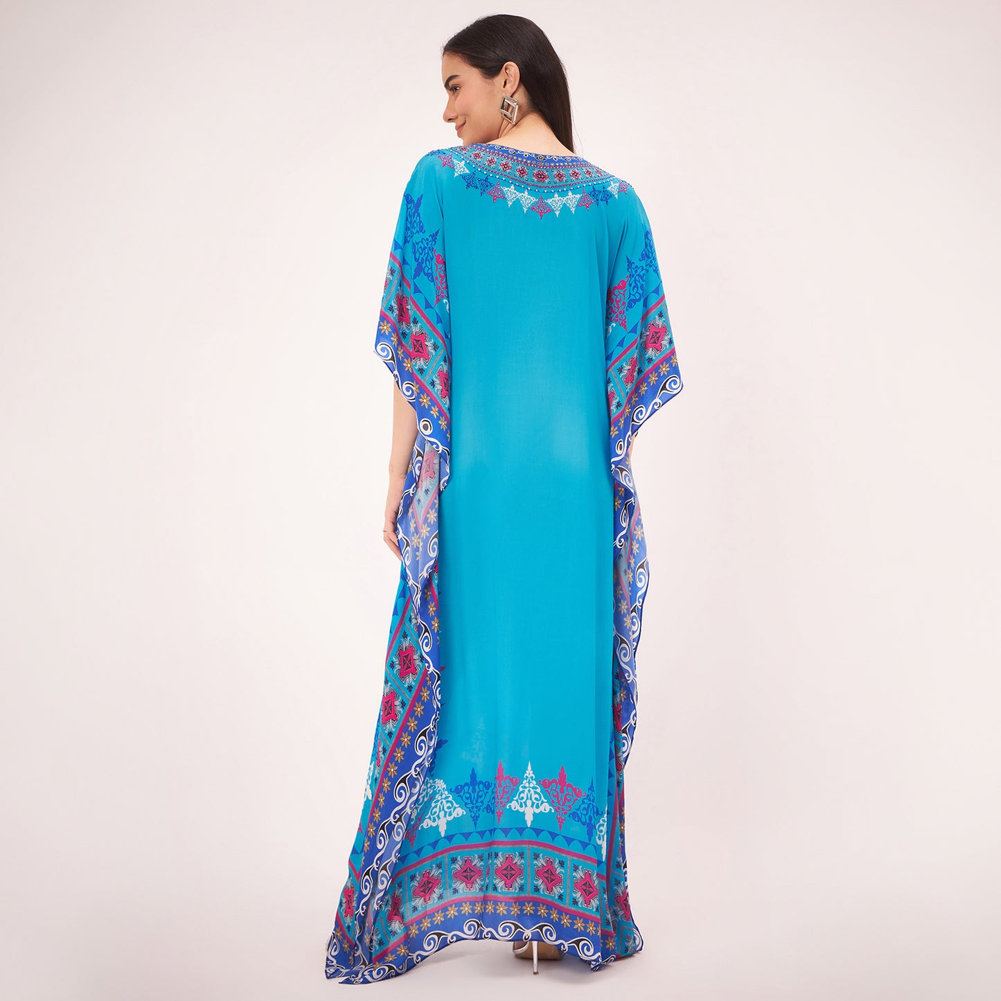 Blue Mexican Print Embellished Full Length Kaftan