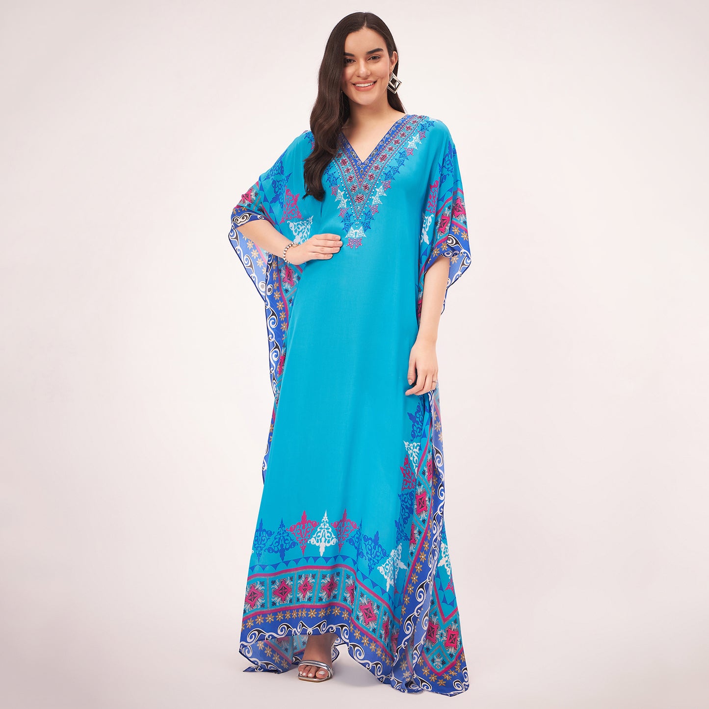 Blue Mexican Print Embellished Full Length Kaftan