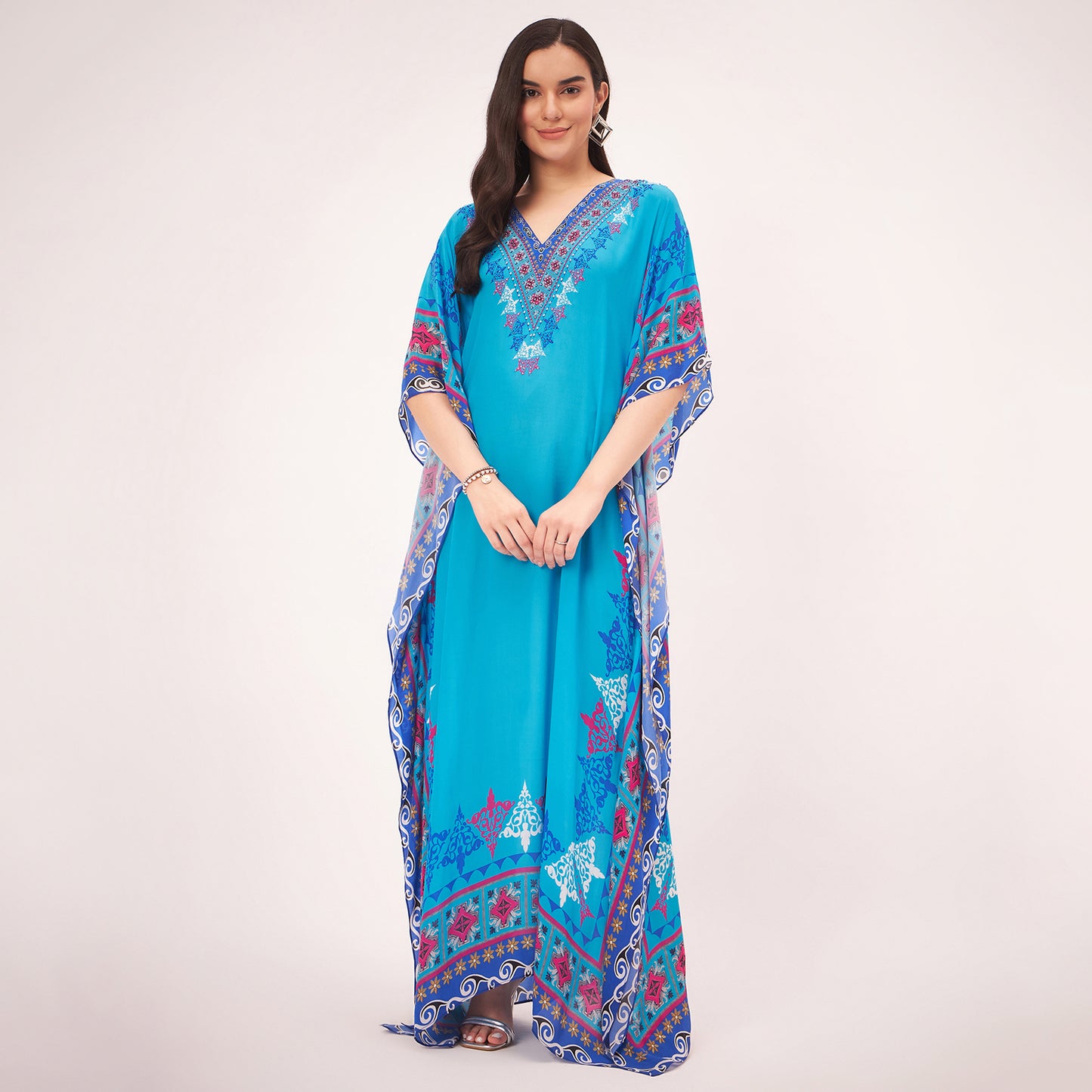 Blue Mexican Print Embellished Full Length Kaftan