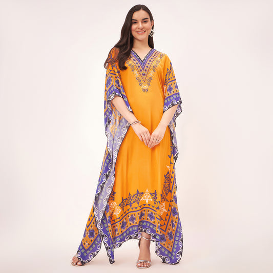 Yellow Mexican Print Embellished Full Length Kaftan