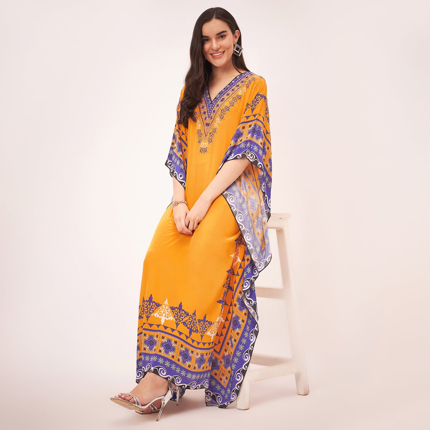 Yellow Mexican Print Embellished Full Length Kaftan