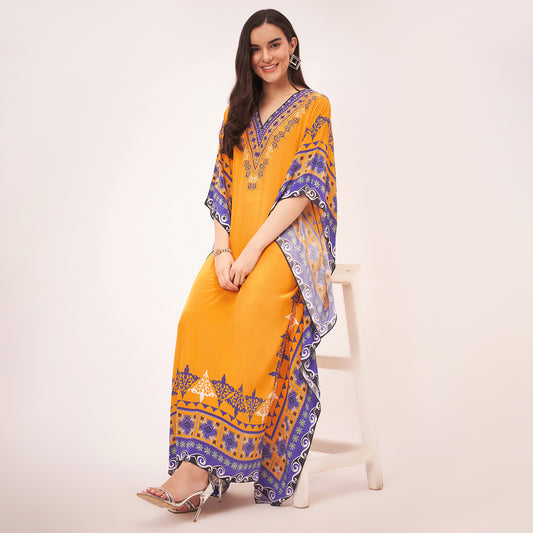 Yellow Mexican Print Embellished Full Length Kaftan