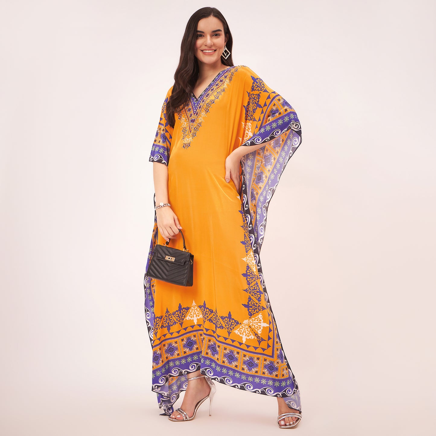 Yellow Mexican Print Embellished Full Length Kaftan
