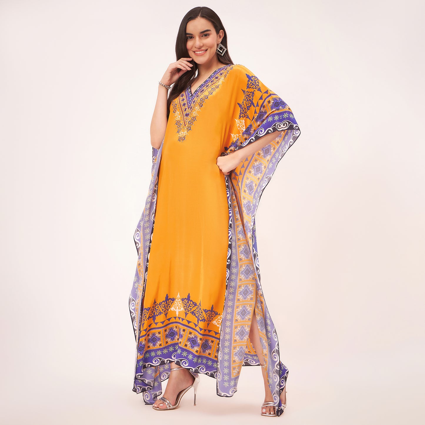 Yellow Mexican Print Embellished Full Length Kaftan