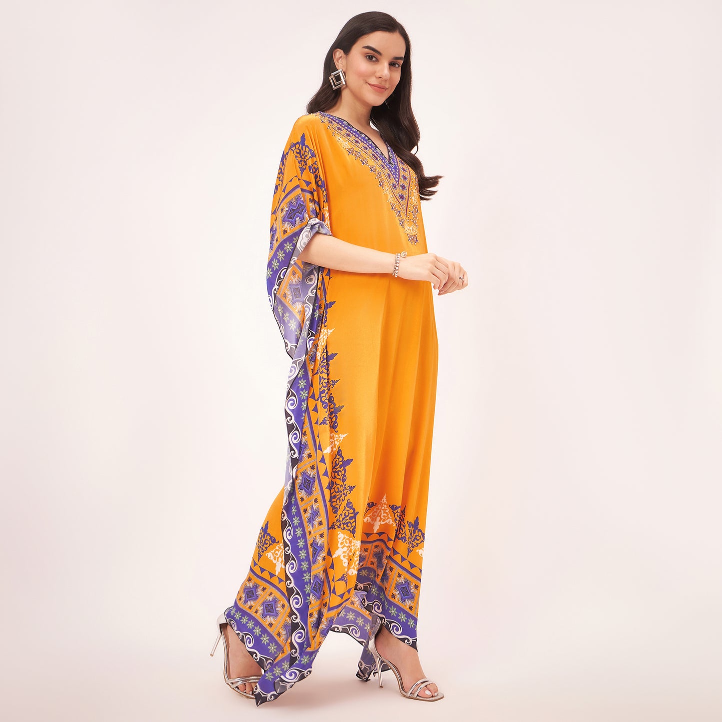 Yellow Mexican Print Embellished Full Length Kaftan