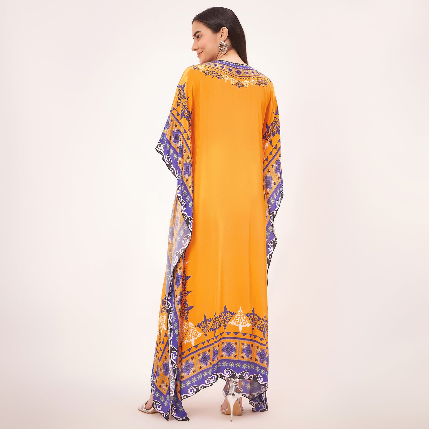 Yellow Mexican Print Embellished Full Length Kaftan