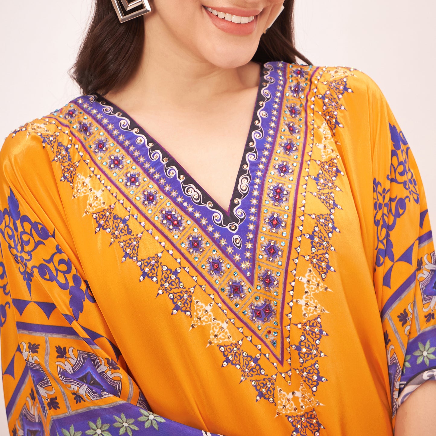 Yellow Mexican Print Embellished Full Length Kaftan