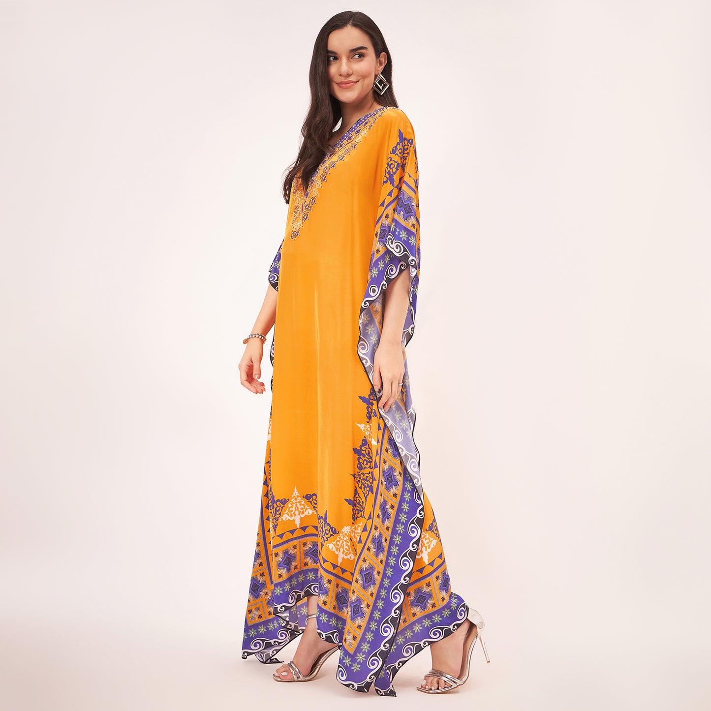 Yellow Mexican Print Embellished Full Length Kaftan