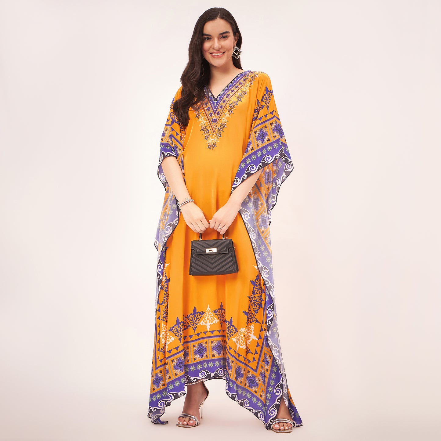 Yellow Mexican Print Embellished Full Length Kaftan