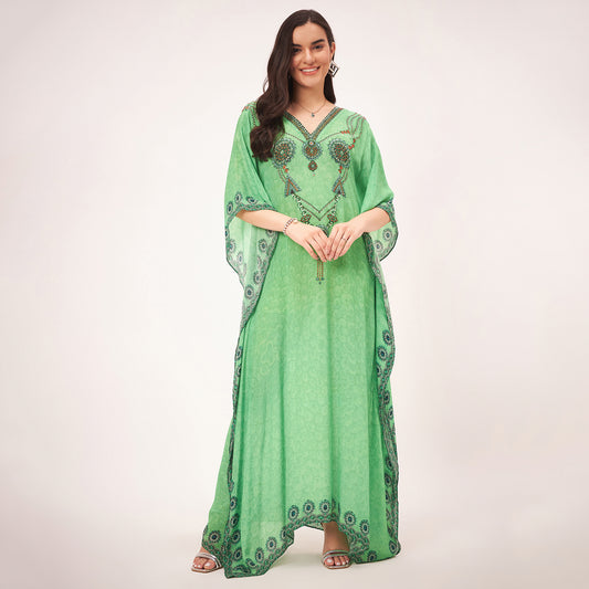 Parrot Green Pearl Full Length Kaftan