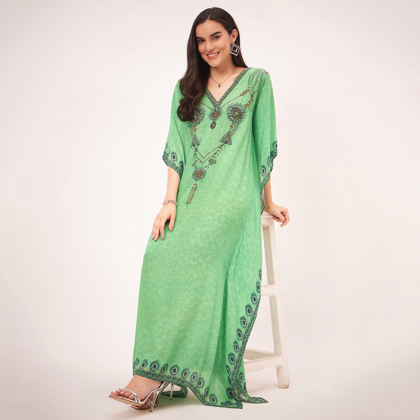 Parrot Green Pearl Full Length Kaftan