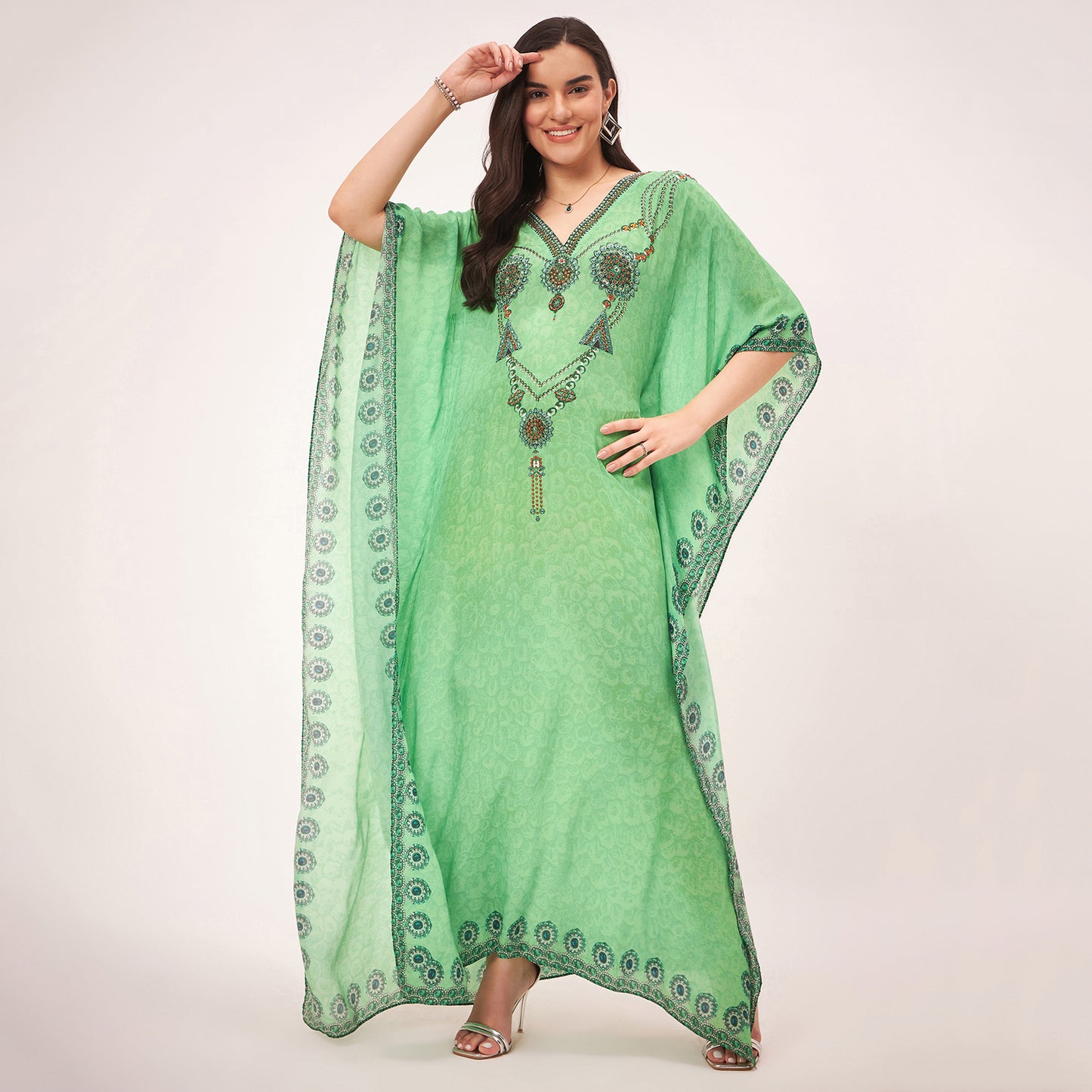 Parrot Green Pearl Full Length Kaftan