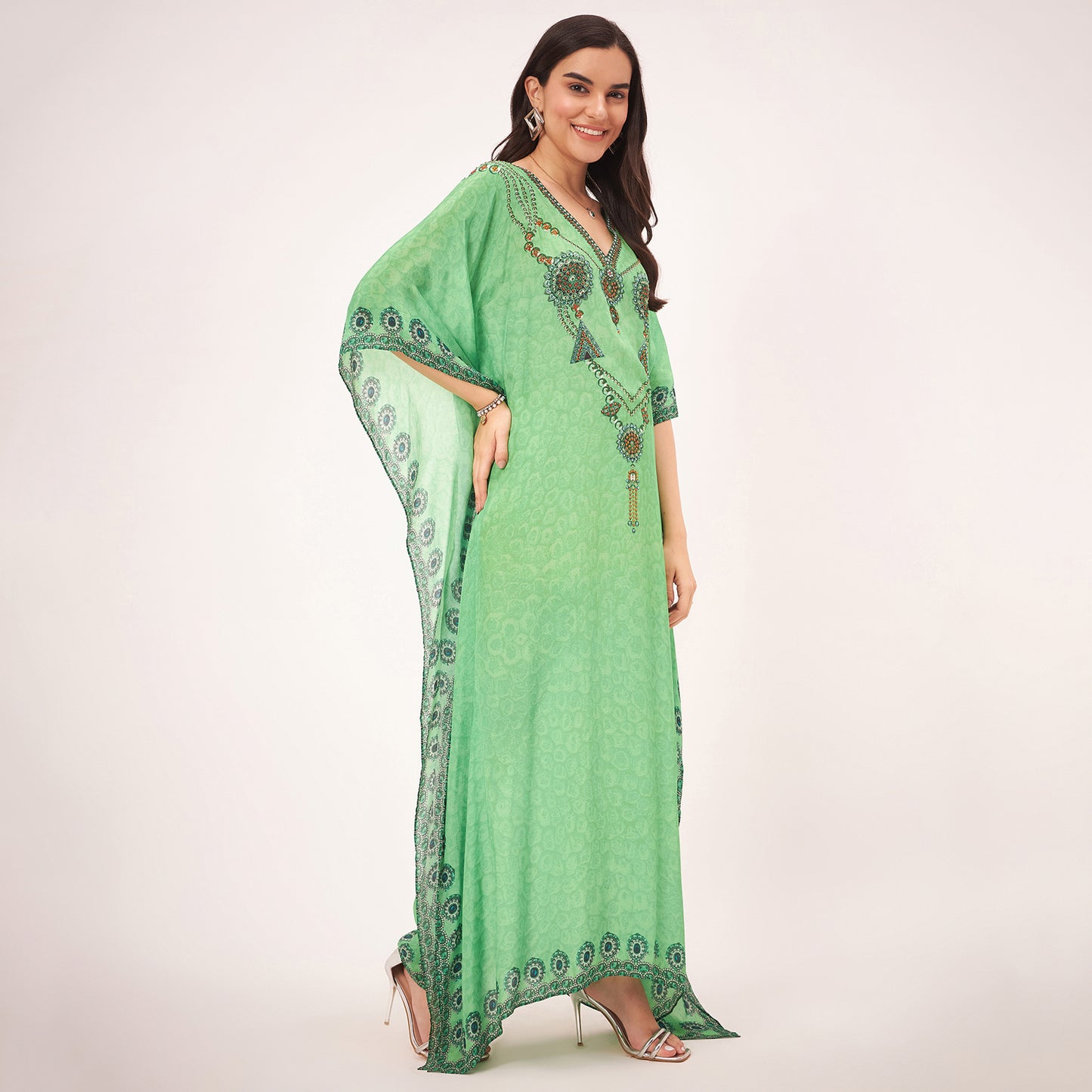 Parrot Green Pearl Full Length Kaftan