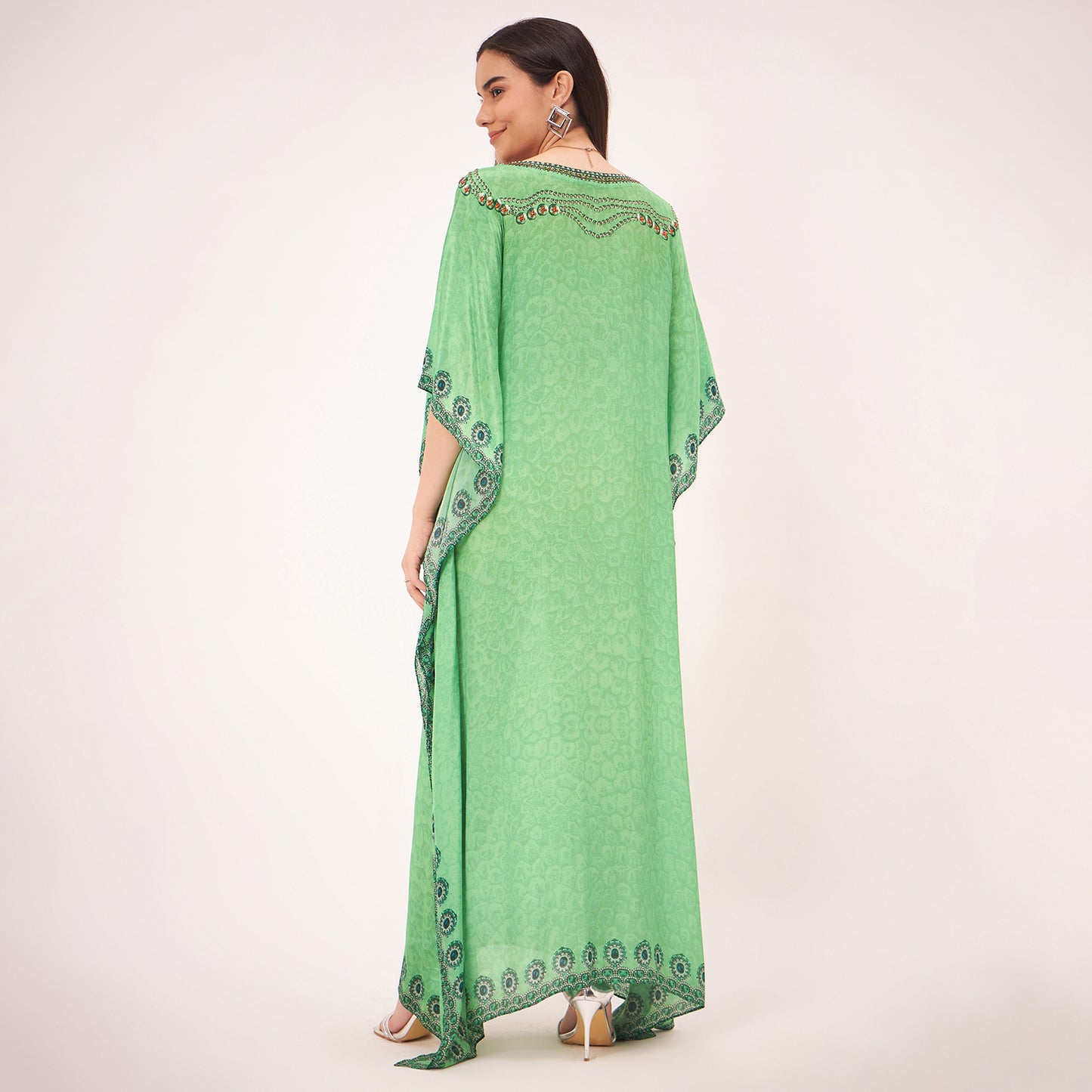 Parrot Green Pearl Full Length Kaftan