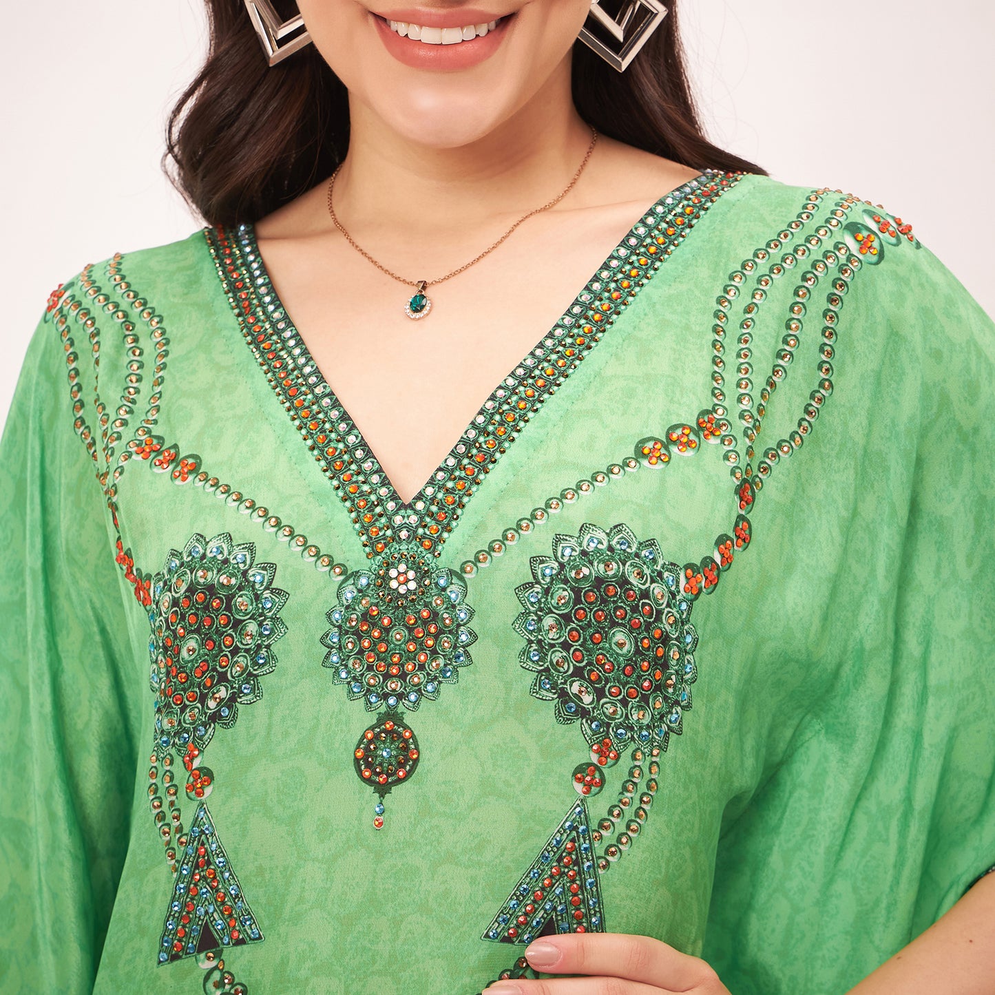Parrot Green Pearl Full Length Kaftan