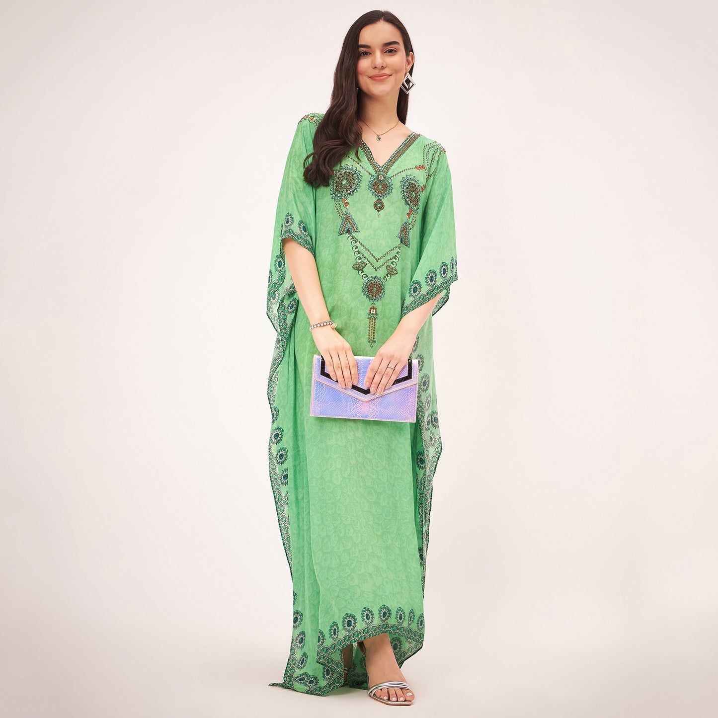 Parrot Green Pearl Full Length Kaftan