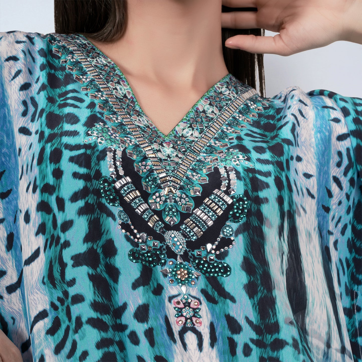 Blue and Black Animal Print Embellished Silk Full Length Kaftan