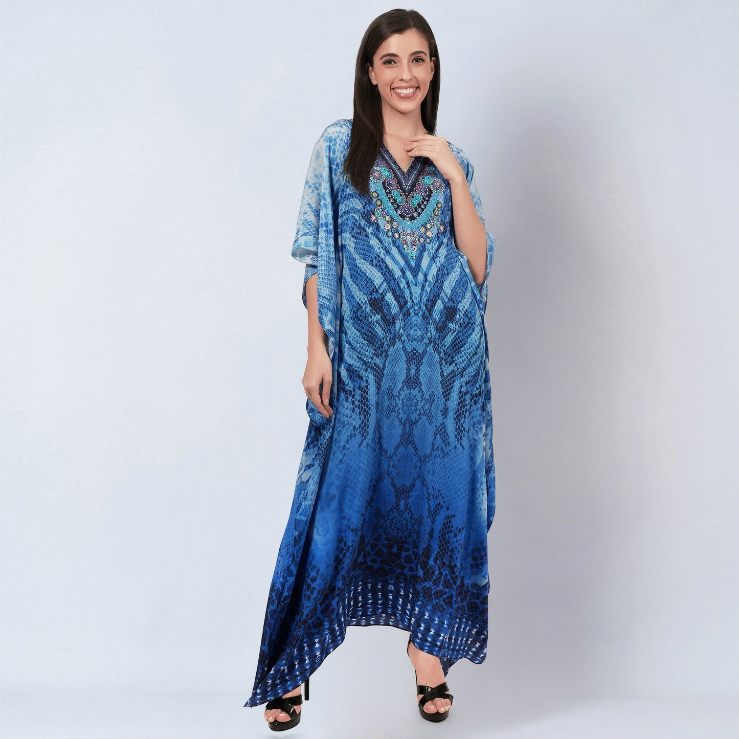 Blue Python Print Embellished Silk Full Length Kaftan
