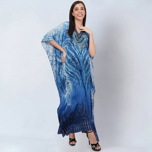 Blue Python Print Embellished Silk Full Length Kaftan