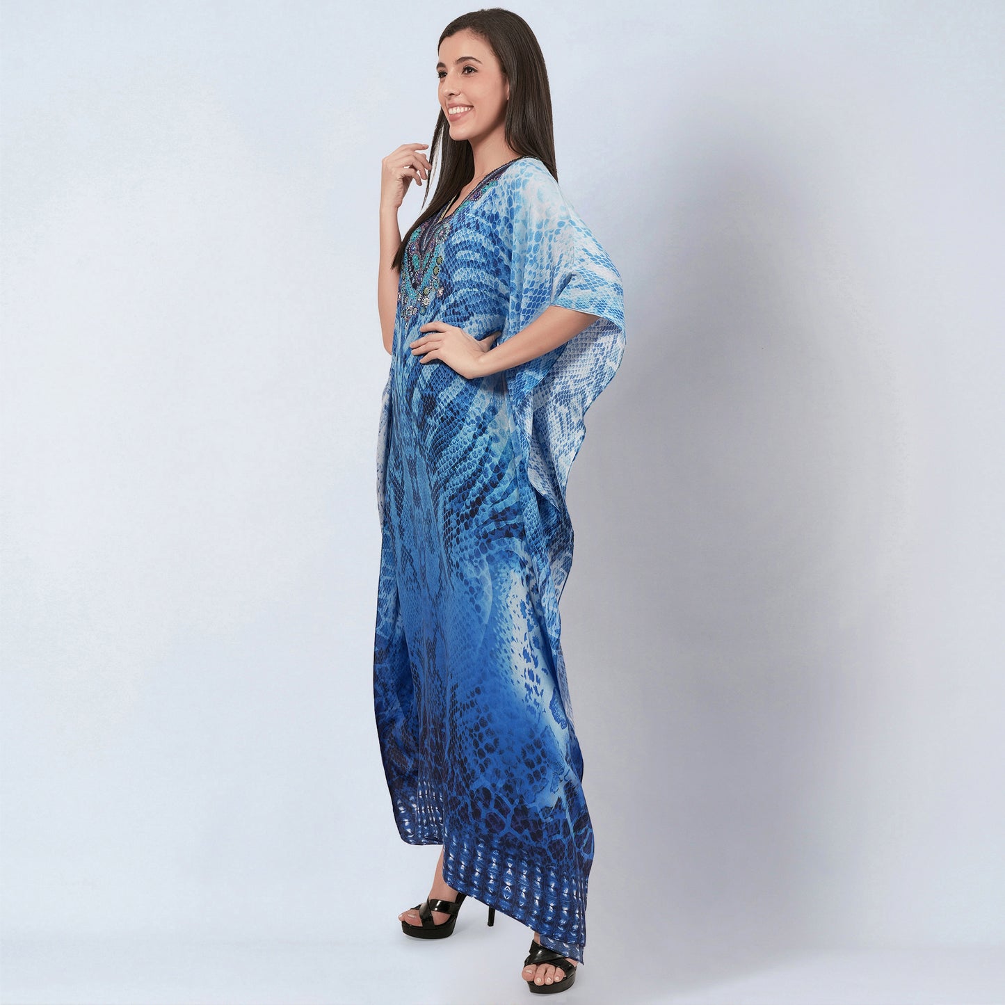 Blue Python Print Embellished Silk Full Length Kaftan