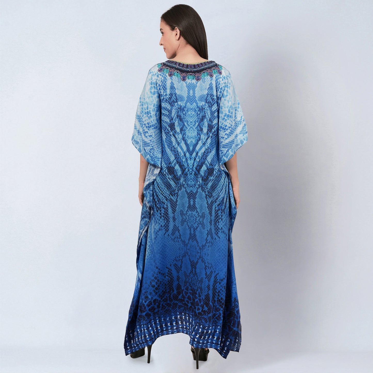 Blue Python Print Embellished Silk Full Length Kaftan