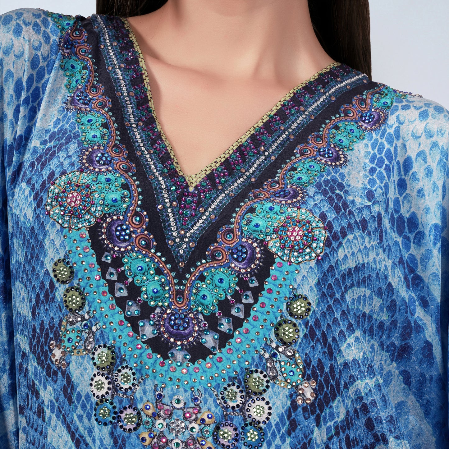Blue Python Print Embellished Silk Full Length Kaftan