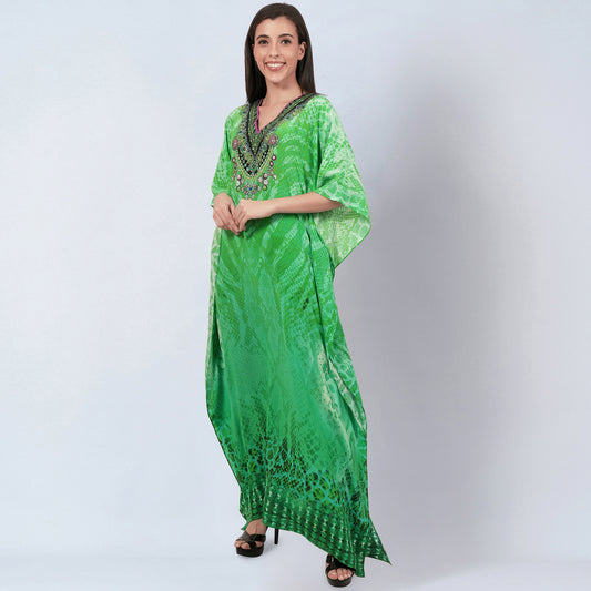 Green Python Print Embellished Silk Full Length Kaftan