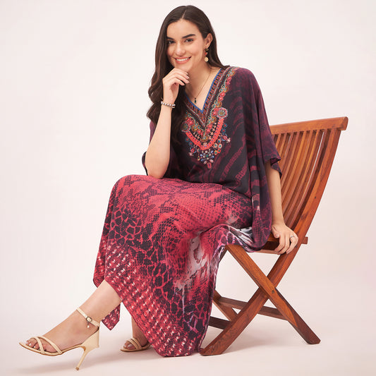 Red Python Print Embellished Silk Full Length Kaftan