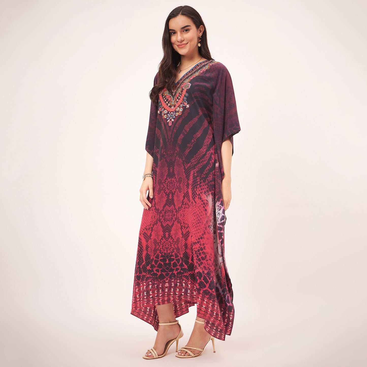 Red Python Print Embellished Silk Full Length Kaftan