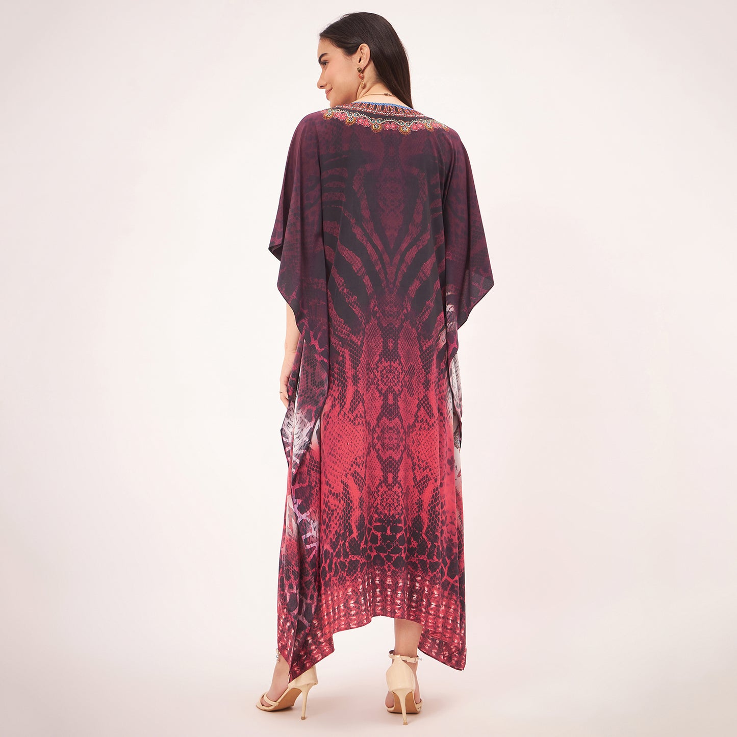 Red Python Print Embellished Silk Full Length Kaftan