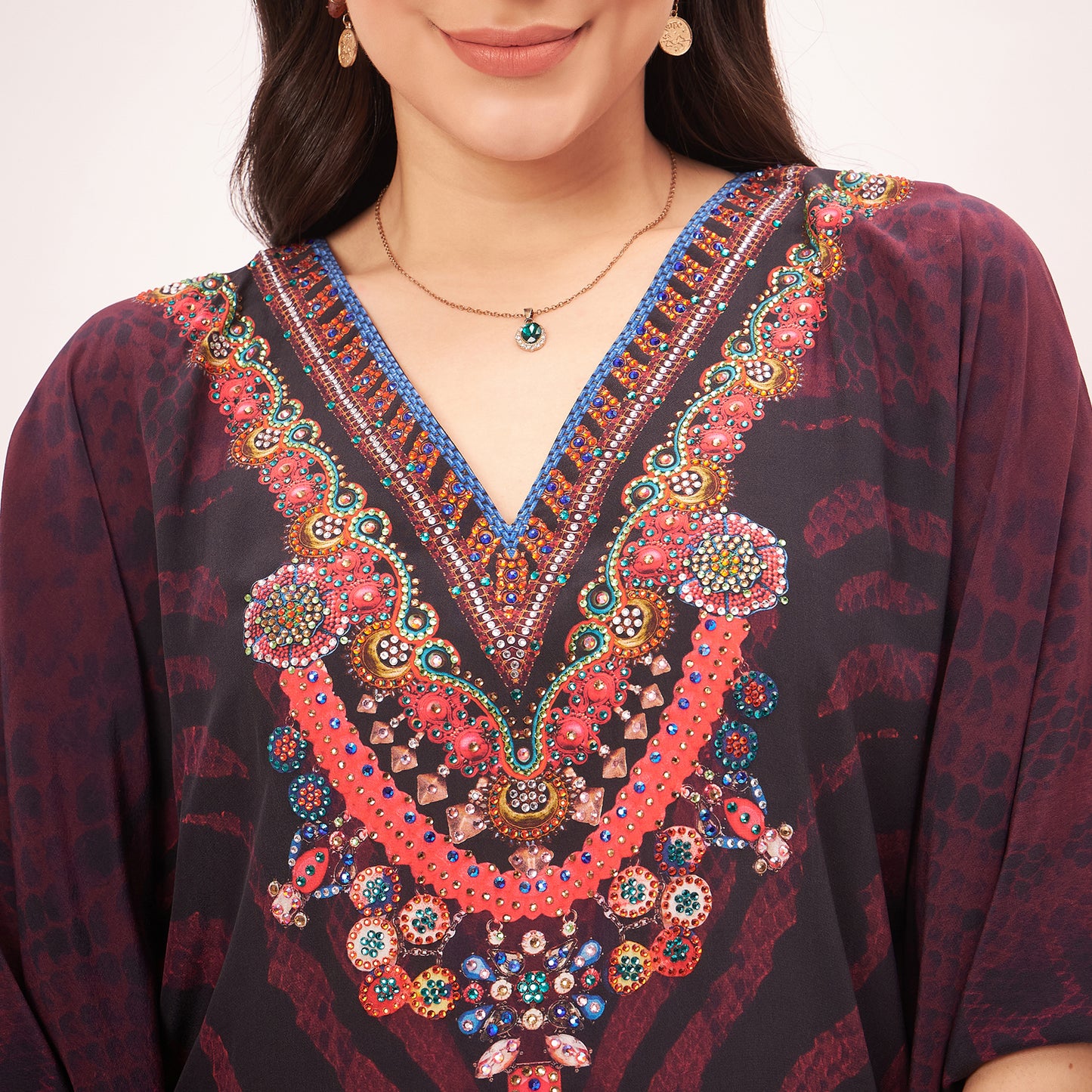 Red Python Print Embellished Silk Full Length Kaftan