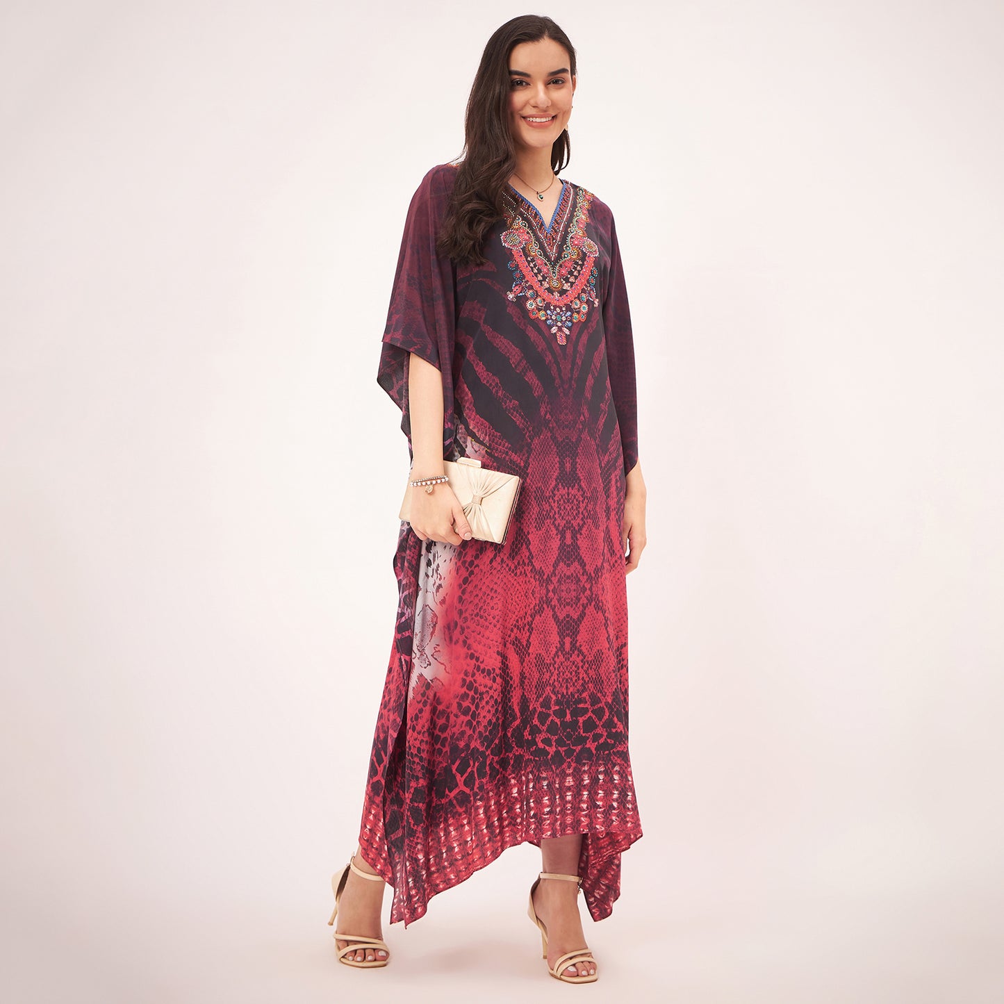 Red Python Print Embellished Silk Full Length Kaftan