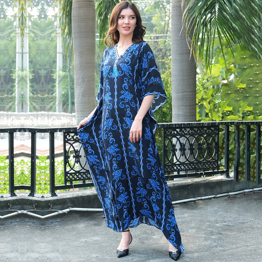 Black and Blue Embellished Silk Full Length Kaftan